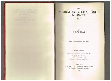 Book, C. E. W. Bean, The Official history of Australia in the War of 1914-1918: The Australian Imperial Force in France 1917, 1921-1942
