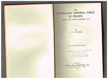 Book, C. E. W. Bean, The Official history of Australia in the War of 1914-1918: The Australian Imperial Force in France 1919, 1921-1942
