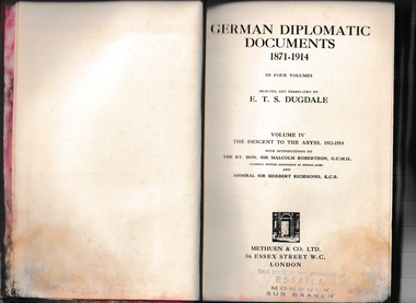 Book, Methuen and Co, German diplomatic documents, 1871-1914 v.4. The descent to the abyss, 1931