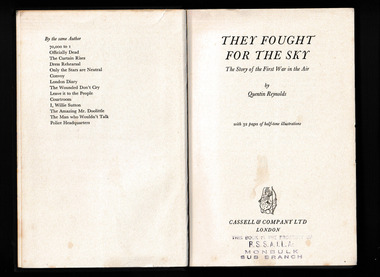 Book, Quentin Reynolds, They fought for the sky : the story of the first war in the air, 1958
