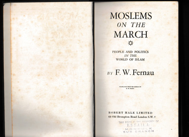 Book, Hale, Moslems on the march : people and politics in the world of Islam, 1955