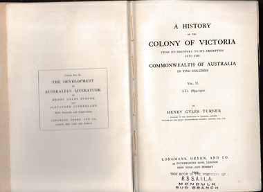 Book, Longmans, Green, and Co, A history of the Colony of Victoria : from its discovery to its absorption into the Commonwealth of Australia, 1904