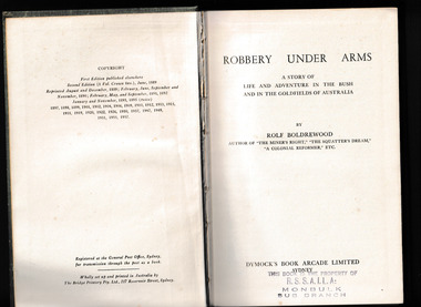 Book, Dymock's Book Arcade, Robbery under arms : a story of life and adventure in the bush and in the goldfields of Australia, 1957