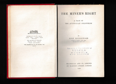 Book, Macmillan, The miner's right : a tale of the Australian goldfields, 1920