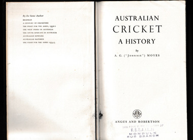Book, AG Moyes, Australian cricket : a history, 1959
