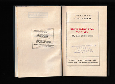 Book, JM Barrie, Sentimental Tommy : the story of his boyhood, 1896?