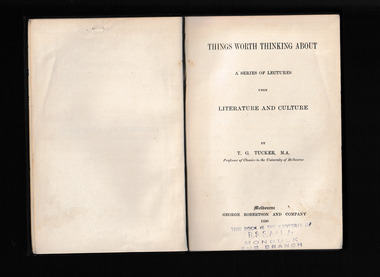 Book, George Robertson, Things worth thinking about : a series of lectures upon literature and culture, 1890