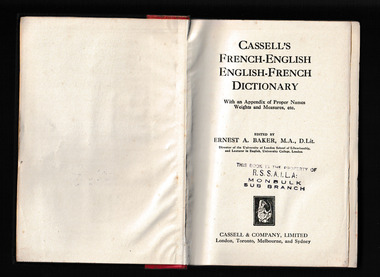 Book, Cassell, Cassell's French-English, English-French dictionary : with an appendix of proper names, weights and measures, etc, 1920