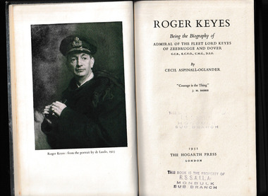 Book, Hogarth Press, Roger Keyes : being the biography of Admiral of the Fleet Lord Keyes of Zeebrugge and Dover, 1951