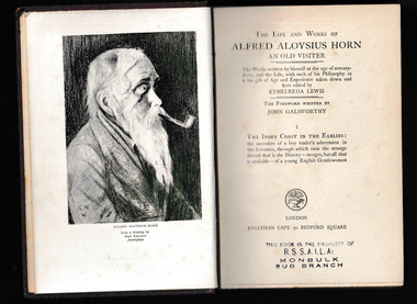 Book, Jonathan Cape, The life and works of Alfred Aloysius Horn : an old visiter / the works written by himself at the age of seventy-three, and the life, with such of his philosophy as is the gift of age and experience taken down and here edited by E.Lewis, 1927