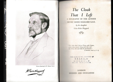 Book, Hodder and Stoughton, The cloak that I left : a biography of the author, Henry Rider Haggard, K.B.E, 1951