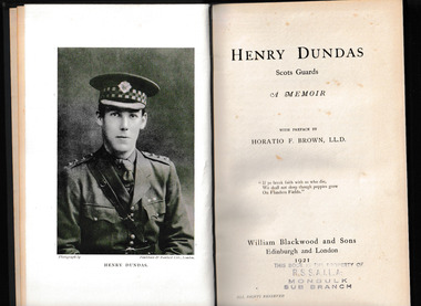 Book, William Blackwood and Sons, Henry Dundas, Scots Guards a memoir, 1921