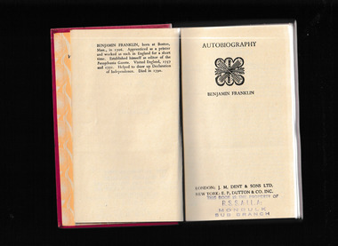 Book, Benjamin Franklin, Autobiography, ed. / with an introd. and supplementary account of Franklin's later life by W. Macdonald, 1948