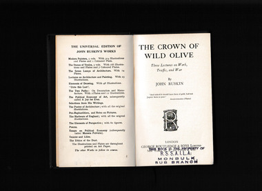 Book, George Routledge and Sons, The crown of wild olive : three lectures on industry & war