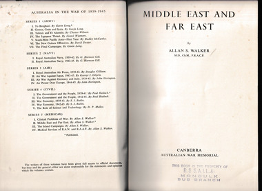 Book, Australian War Memorial, Middle East and Far East, 1953