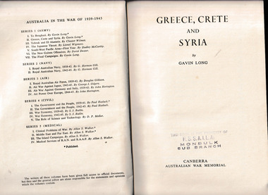 Book, Australian War Memorial, Greece, Crete and Syria, 1953