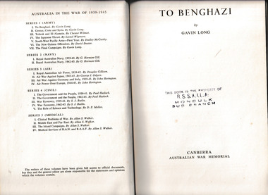 Book, Australian War Memorial, To Benghazi, 1953