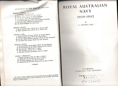 Book, Australian War Memorial, Royal Australian Navy 1939-1942, 1957