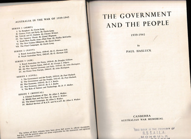 Book, Australian War Memorial, The government and the people, 1939-1941, 1952