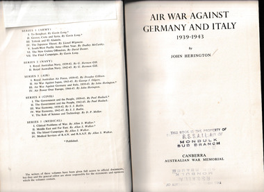 Book, Australian War Memorial, Air war against Germany and Italy, 1939-1943, 1952