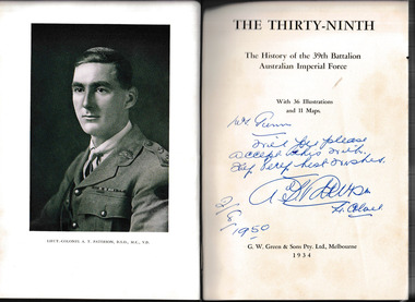 Book, G.W. Green & Sons, The Thirty-ninth : the history of the 39th Battalion, Australian Imperial Force, 1934