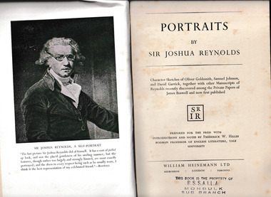 Book, William Heinemann, Portraits by Sir Joshua Reynolds : character sketches of Oliver Goldsmith, Samuel Johnson and David Garrick, 1952