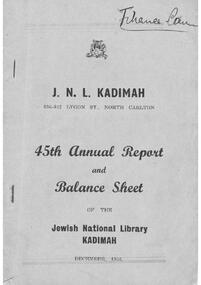 Document - Annual Report, 45th Annual Report and Balance Sheet of the Kadimah National Library 1956
