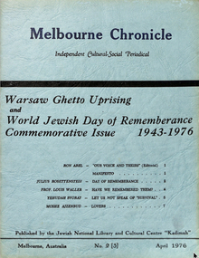 Journal, Kadimah Jewish Cultural Centre and National Library, Melbourner Bleter / Melbourne Chronicle April 1976, ADD DATE