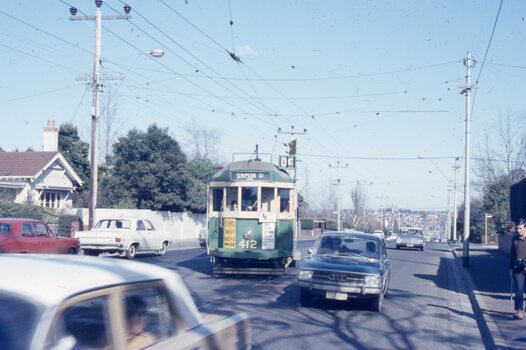 Four color slides - tram W2 412, shunting at Leura Grove - 9-8-1970