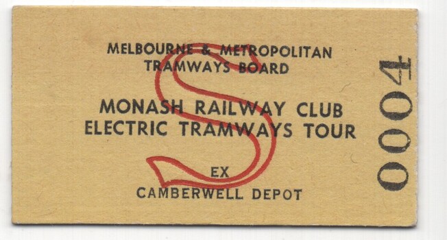 Monash Railway Club ticket for tour of 9 August 1970