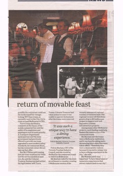 Two photos displaying diners inside Colonial Tramcar Restaurant. Smaller photo is black and white.