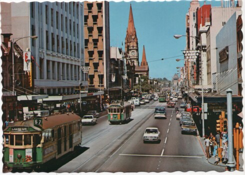 Postcard - Swanston St looking to the Shrine of Remembrance