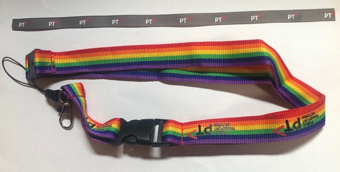 PTV lanyard and sample of a print cloth strip.