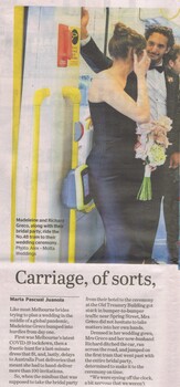 First of two clippings showing photo inside tram and accompanying text