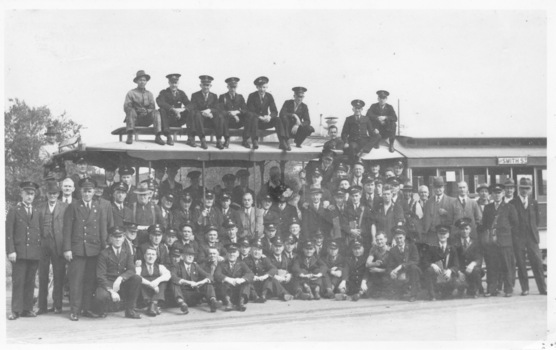 Black and White of a large group of cable tram workers Clifton Hill Oct. 1940