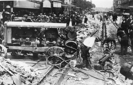 Photograph - Black and White - demolishing cable tram track Swanston St 1925-1926