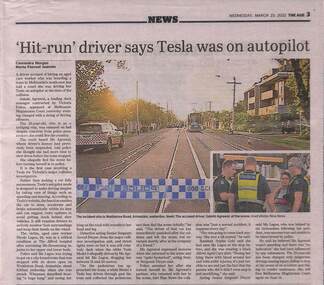 Image of clipping. Photos show tram at scene of accident and police interviewing driver.