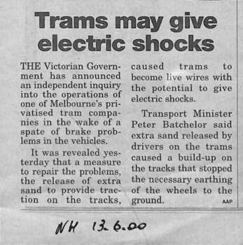 Newspaper cutting - "Trams may give electric shocks"