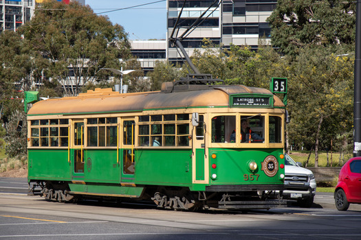 Tram W8 957 in Harbour Esplanade, Docklands, near Bourke St. City Circle tram, route 35