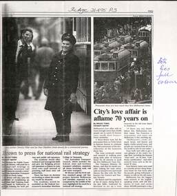 Photocopy of a newspaper story - City's love affair is aflame 70 years on