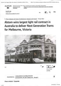 Alstom Press Release 21-04-2022 re new G class tram for Melbourne