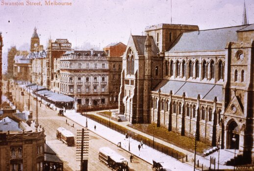 Colour - reproduction postcard - St Pauls Cathedral Swanston St Melbourne