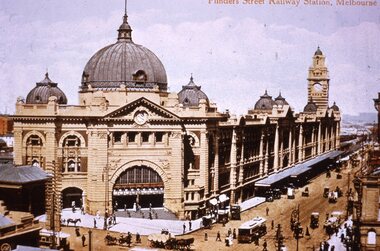 Colour - reproduction postcard - Flinders Street Station c1910