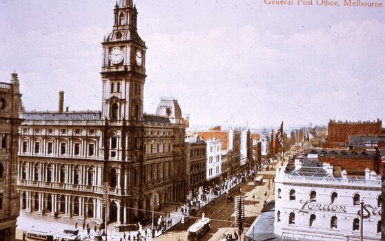 Colour - reproduction postcard - Bourke St - GPO