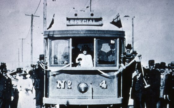 Black and white reproduction photograph - Opening of the Fitzroy Northcote & Preston Tramway Trust built lines.