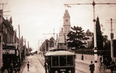 Black and white reproduction photograph - PMTT tram 4 Glenferrie Road 1910