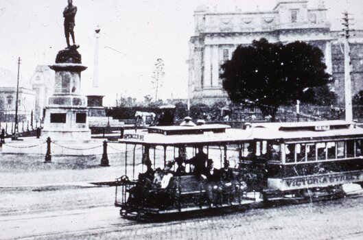 Black and white reproduction photograph - Macarthur St with General Gordon Statue