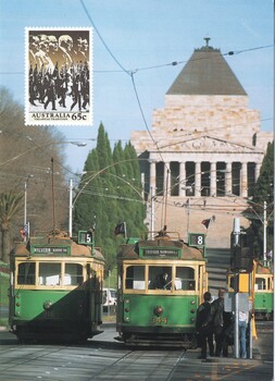 Shrine of Remembrance, St Kilda Road and W class trams