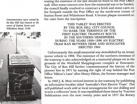 Photo and text of the Cairn that marked the Box Hill tramway