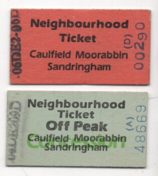 Ticket - "Neighbourhood ticket - Caulfield Moorabbin - Sandringham" - dated items.